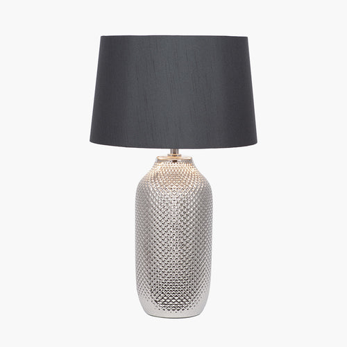 Tall etched silver ceramic lamp with black shade, the base is textured to give it a luxe look.  H: 50 cm W: 30 cm