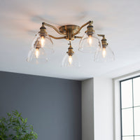 Semi Flush Glass & Antique Brass Ceiling Pendant 65 cm