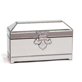 This mirrored jewellery casket takes it's inspiration from 1920s America.   Decadent in style, it is beautifully lined with a rich black velvet casing.  Inside, there is a jewellery holder shelf which can hold an ample amount of rings, bracelets and earrings.  This tray can be lifted out to reveal an open casket of space to put your jewels.      H: 26 cm, W: 38 cm D: 15 cm