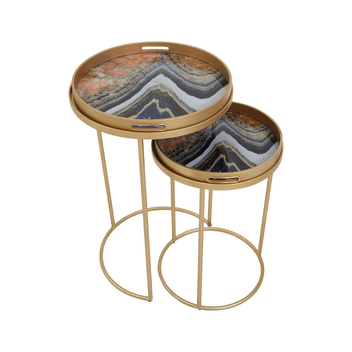 Set of 2 gold marbled top side tables on gold metal base. The stunning marbled tops can be removed to use as independent trays.