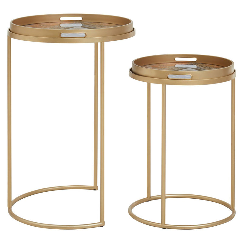 Set of 2 gold marbled top side tables on gold metal base. The stunning marbled tops can be removed to use as independent trays.