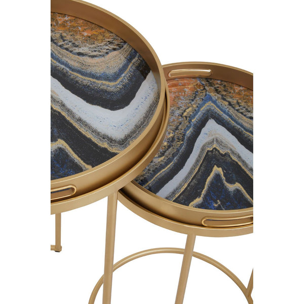 Set of 2 gold marbled top side tables on gold metal base. The stunning marbled tops can be removed to use as independent trays.