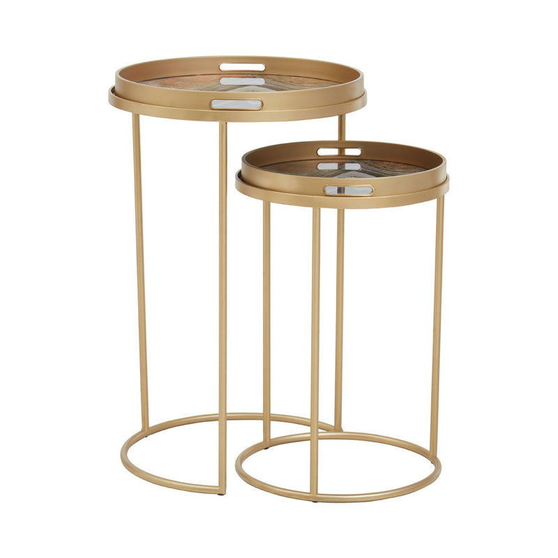 Set of 2 gold marbled top side tables on gold metal base. The stunning marbled tops can be removed to use as independent trays.