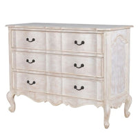 Shaped, limewashed chest of drawers. Perfect town or country house piece of antiqued style furniture.  H: 91 cm W: 120 cm D: 52 cm