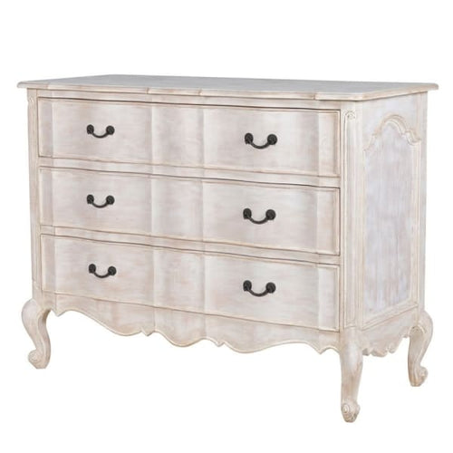 Shaped, limewashed chest of drawers. Perfect town or country house piece of antiqued style furniture.  H: 91 cm W: 120 cm D: 52 cm