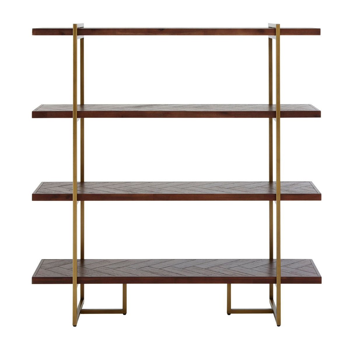 Open shelving unit, in a dark wood set into antique brass metal framework, perfect mix of industrial and luxury.