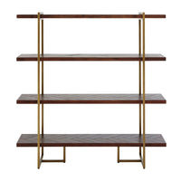 Open shelving unit, in a dark wood set into antique brass metal framework, perfect mix of industrial and luxury.