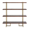 Open shelving unit, in a dark wood set into antique brass metal framework, perfect mix of industrial and luxury.