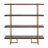 Open shelving unit, in a dark wood set into antique brass metal framework, perfect mix of industrial and luxury.