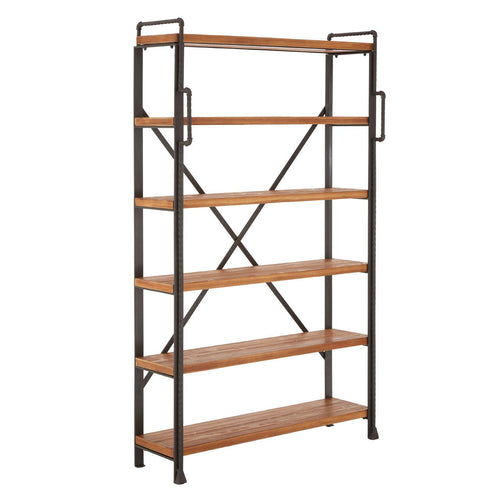 Exceptionally large open bookcase, shelving with industrial black metal framing .