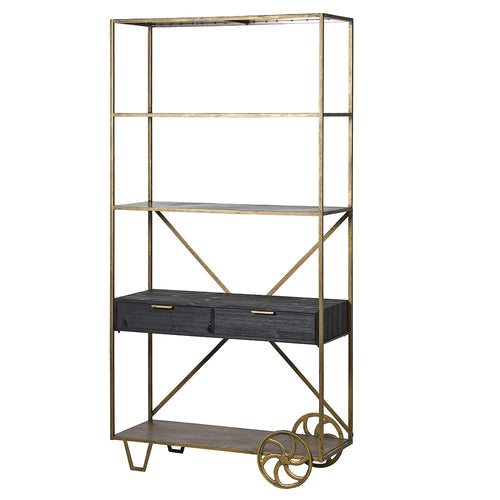 Unusual tall shelving unit with an industrial twist, having a wheels at one end of the base. It also has 4 large shelves and 2 drawers. The frame is brushed antique gold and wood.