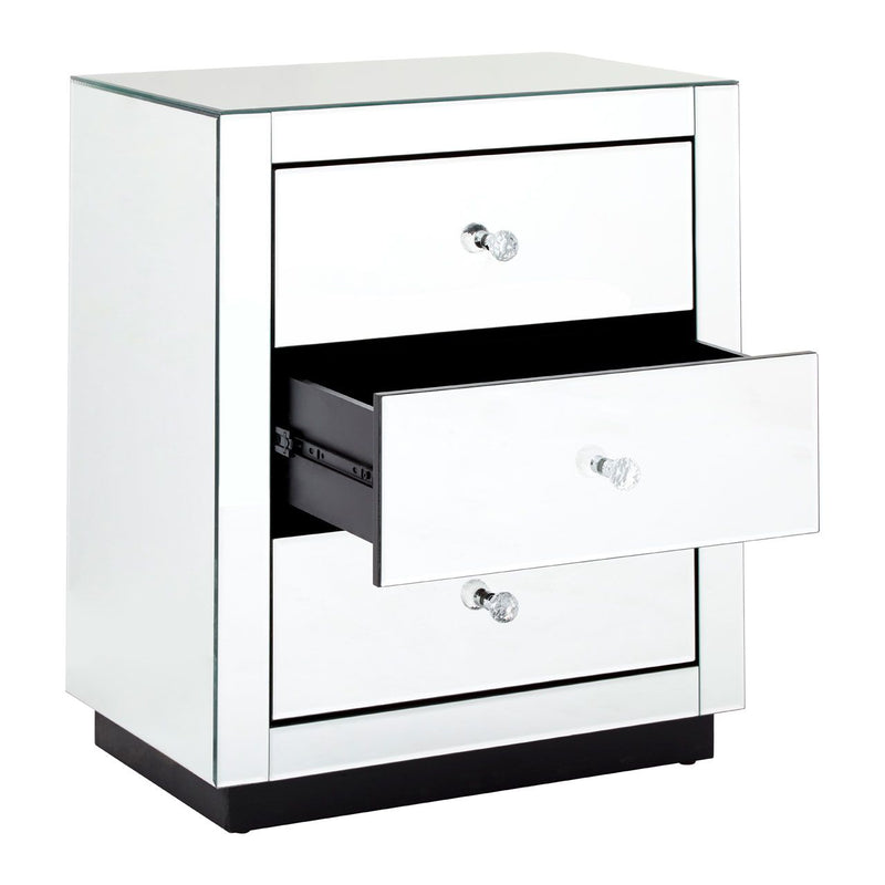 Classic, sleek 3 drawer mirrored side table 