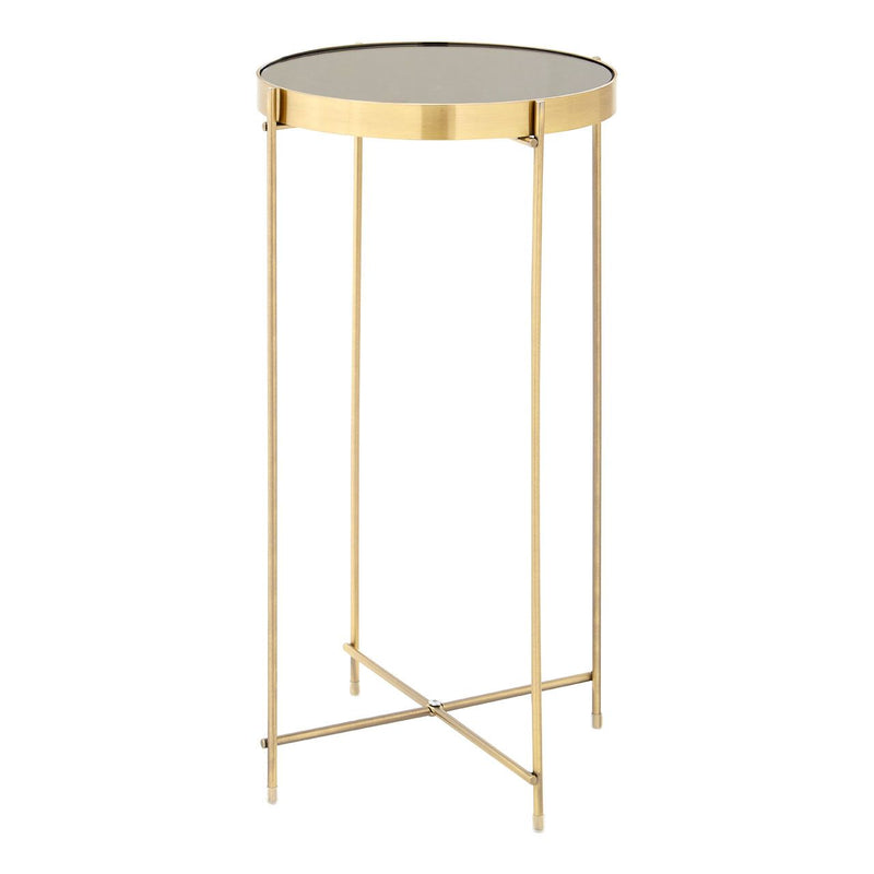 Side Table - Black Glass - 33cm. Sleek, slimline black mirrored glass and gilt metal base side table.