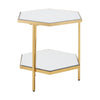 Brushed gold metal side table with mirrored top and lower mirrored shelf.