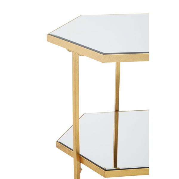 Brushed gold metal side table with mirrored top and lower mirrored shelf.