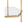 Brushed gold metal side table with mirrored top and lower mirrored shelf.