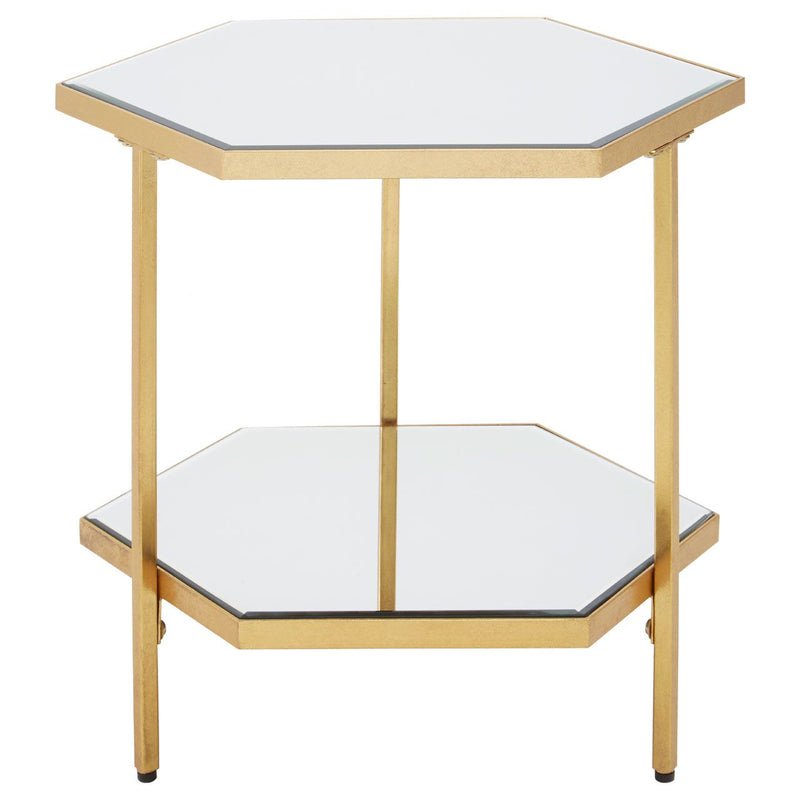 Brushed gold metal side table with mirrored top and lower mirrored shelf.