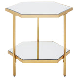 Brushed gold metal side table with mirrored top and lower mirrored shelf.