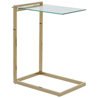 Perfect side table will slide underneath any seating made in brushed brass coloured metal with glass top.