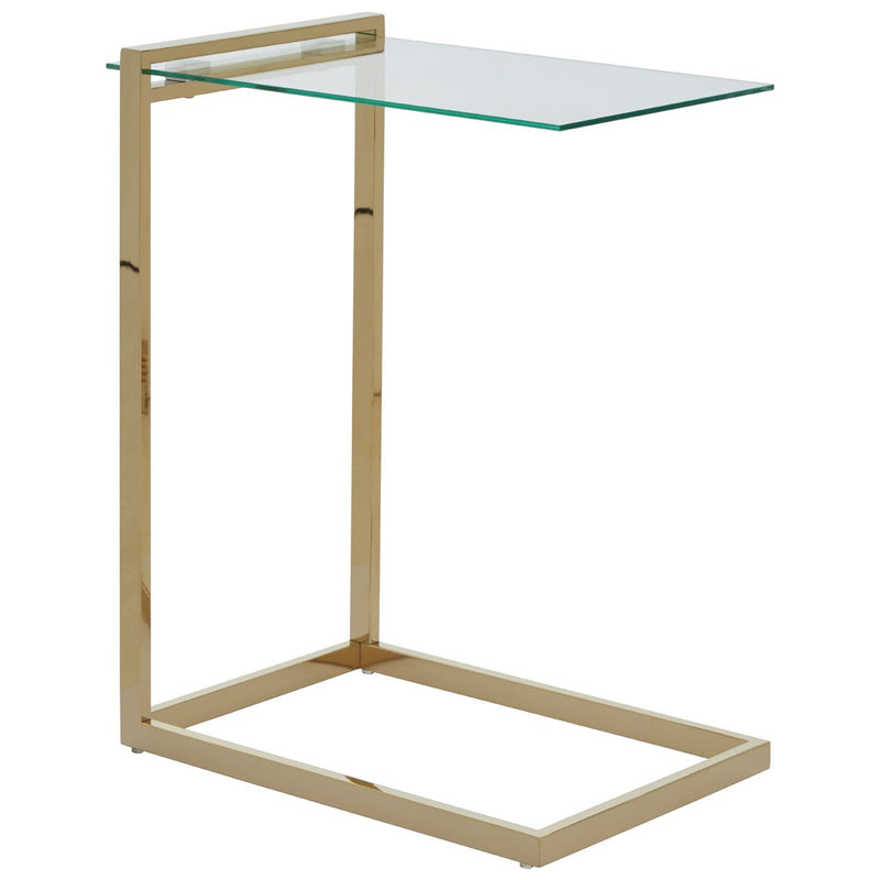 Perfect side table will slide underneath any seating made in brushed brass coloured metal with glass top.