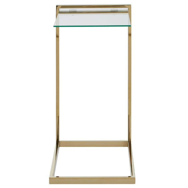 Perfect side table will slide underneath any seating made in brushed brass coloured metal with glass top.