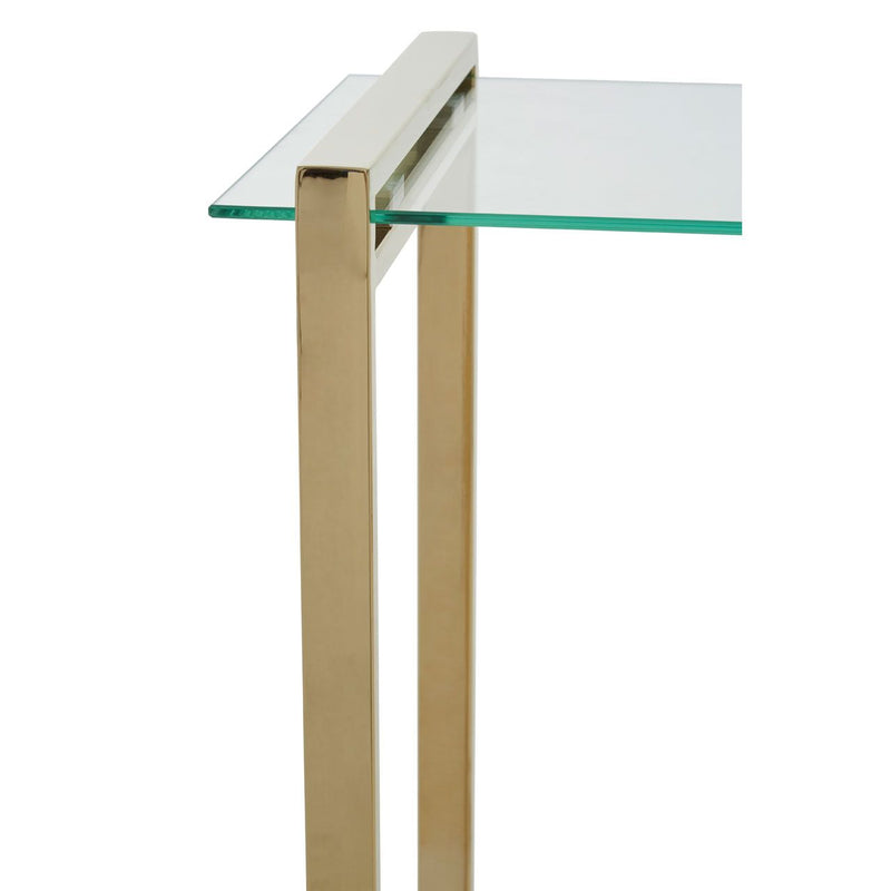 Perfect side table will slide underneath any seating made in brushed brass coloured metal with glass top.