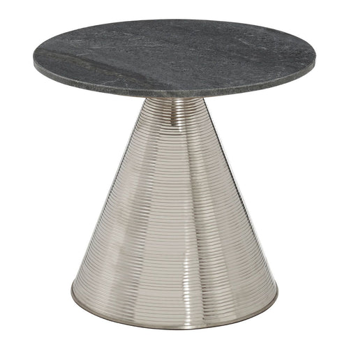 A stunning crisp grey marble topped table with a contemporary silver ribbed metal central stand.  An understated statement table that can be placed beside the sofa, or as small coffee table.  Furnish and style with confidence where this table can be seen and admired. 