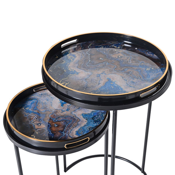 Set of 2 blue marbled top side tables on a black iron frame, luxurious deep blue marbled effect on the tray top gives this set an incredibly lux feel.