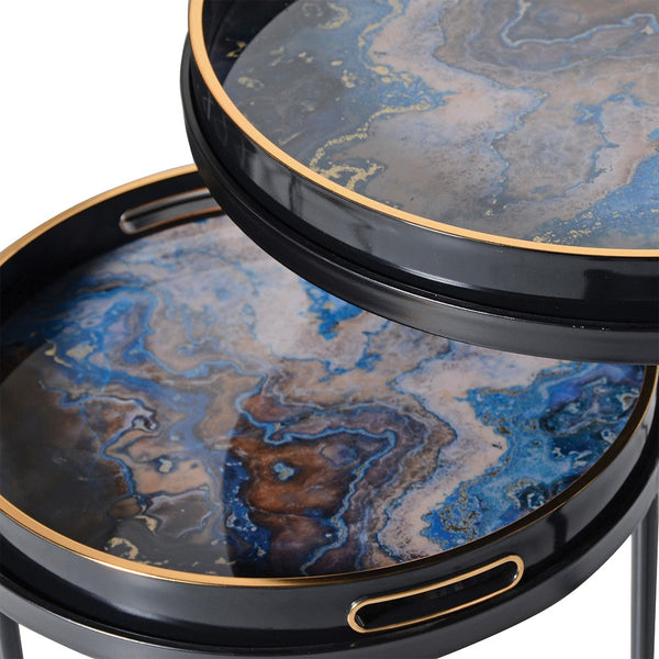 Set of 2 blue marbled top side tables on a black iron frame, luxurious deep blue marbled effect on the tray top gives this set an incredibly lux feel.