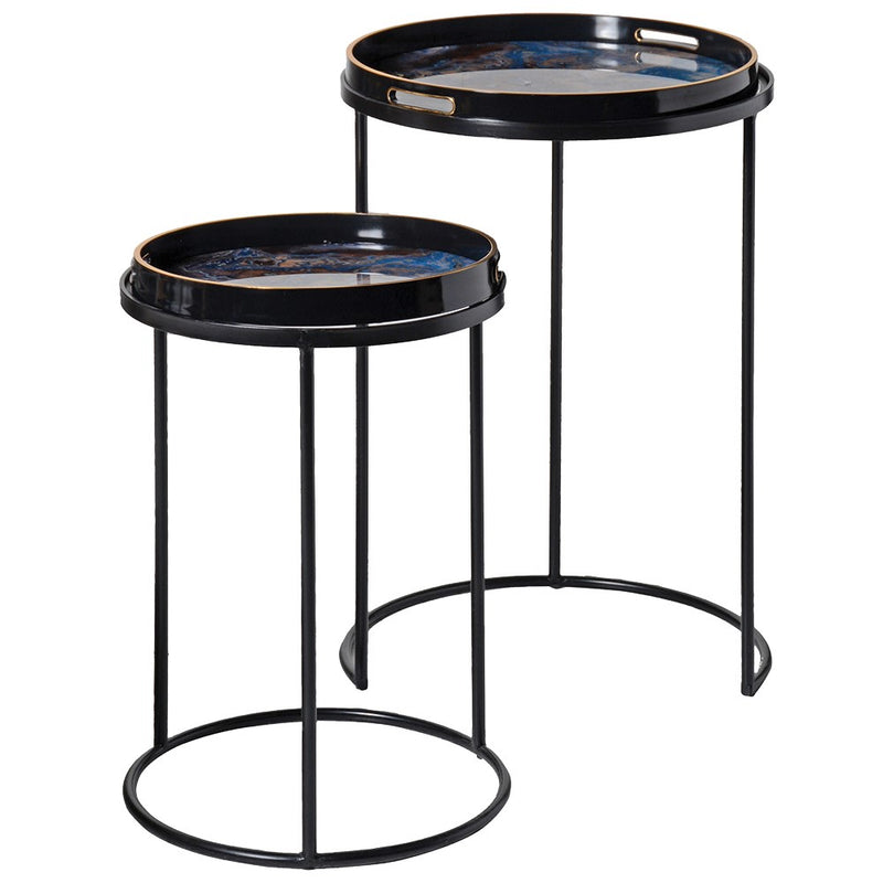 Set of 2 blue marbled top side tables on a black iron frame, luxurious deep blue marbled effect on the tray top gives this set an incredibly lux feel.