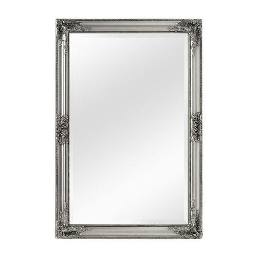 Tall, highly decorative classic silver mirror. A statement mirror with its luxurious design and ornate detailing.