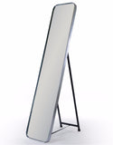 Simple, tall slim silver framed cheval mirror on a foldaway black metal stand. Mirror can also be wall hung.