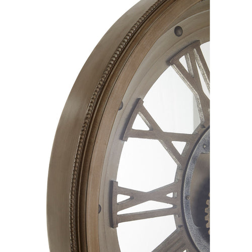 Moving cog clock in antiqued iron wooden frame, exceptional size and finish.  W: 82 cm D: 16 cm