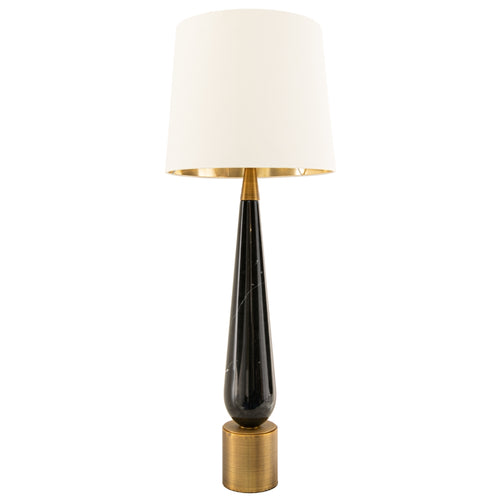 Elegant black marble lamp with brushed gold accents and tapered cream shade.