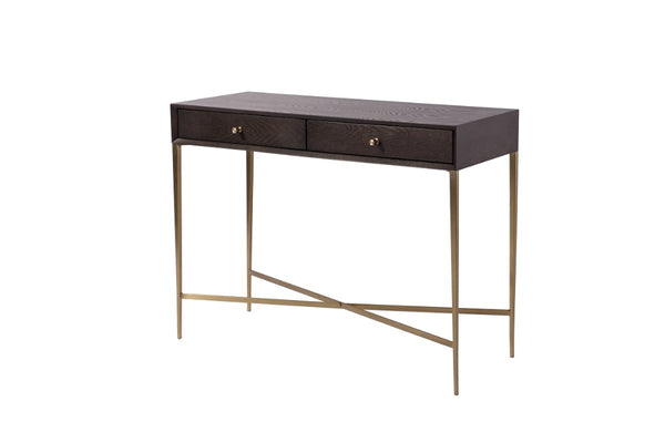 Super sleek chocolate coloured wooden console table with 2 drawers on a slim antique brass metal base. Cannot emphasise enough the high-end finish of this table .