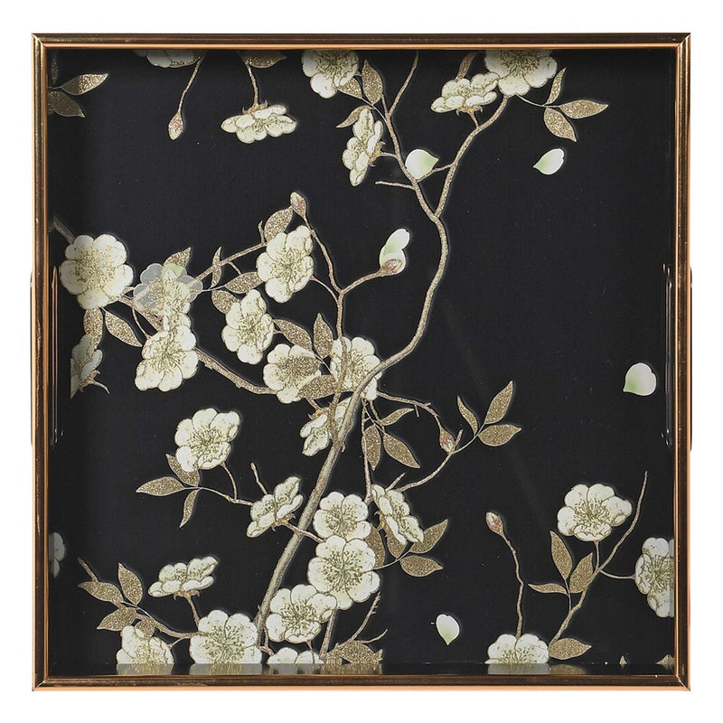 Set of 2 square black and gold lacquer floral trays.  Large: W: 40 cm H: 5 cm  Medium: W: 35 cm H: 5 cm