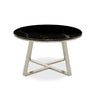 Luxurious black marble topped coffee table with polished steel geometric base.