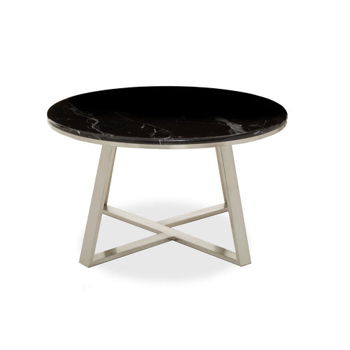 Luxurious black marble topped coffee table with polished steel geometric base.