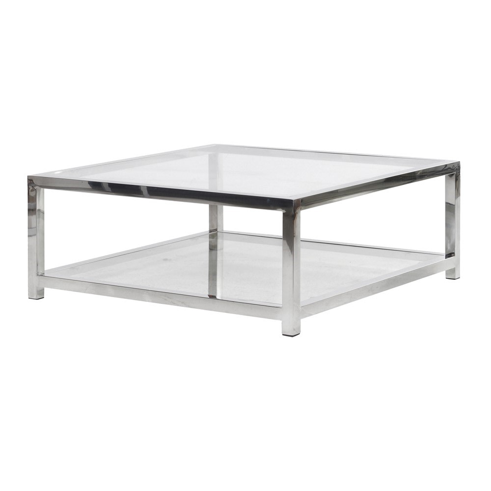 Polished nickel coffee table with glass top and lower shelf.