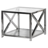 Steel and glass cross end side table, a really solid side table in a contemporary finish.