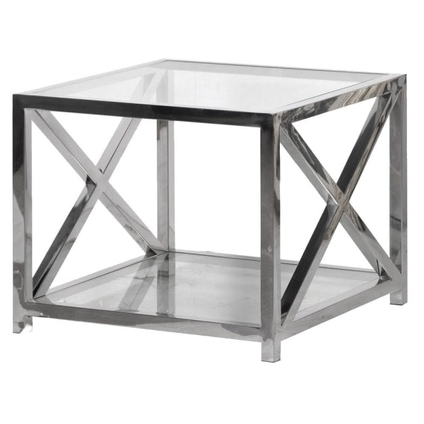 Steel and glass cross end side table, a really solid side table in a contemporary finish.