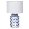 Medium size blue and white jar shaped ceramic lamp, with a bright white fabric shade. Perfect country house feel in a city environment.  H: 52 cm W: 32 cm