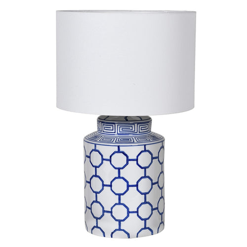 Medium size blue and white jar shaped ceramic lamp, with a bright white fabric shade. Perfect country house feel in a city environment.  H: 52 cm W: 32 cm