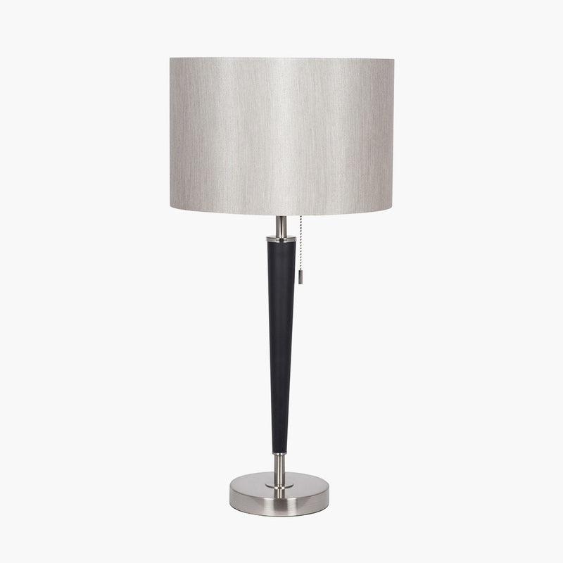 Black table lamp with a taupe coloured sheen lampshade.