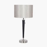 Black table lamp with a taupe coloured sheen lampshade.