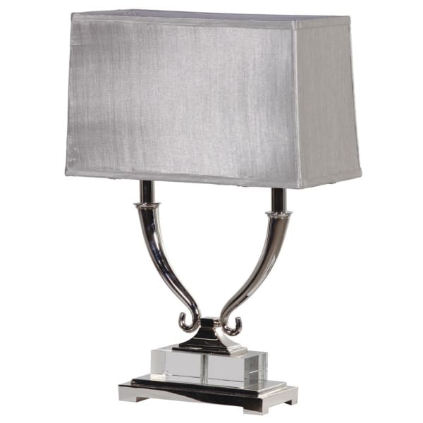 Tall metal twin arm classic table lamp with faux silk rectangular shade. Luxurious lamp in a classic silver metal on crystal and metal base. Such an elegant lamp, adding a touch of Victorian charm to your room.
