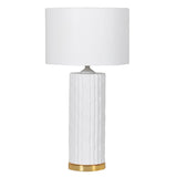 Tall, elegant white and gilt ceramic table lamp, perfect to place on a marble topped table, the lamp itself is set on a gilt base.  H: 73 cm D: 39 cm.