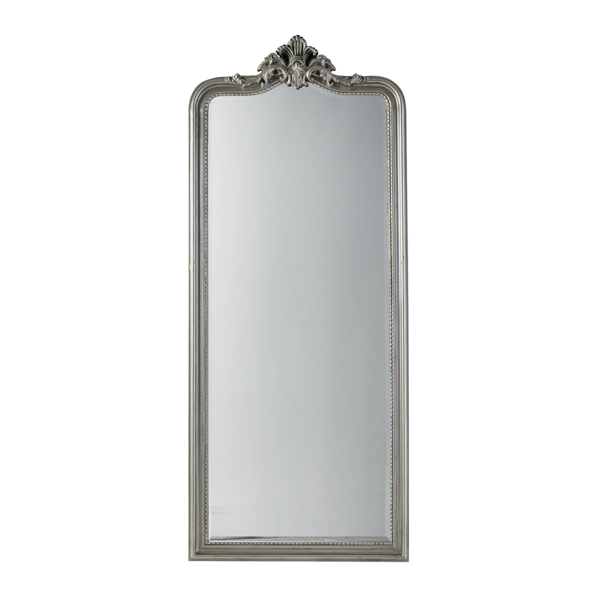 A tall, narrow silver framed mirror with decorative crown