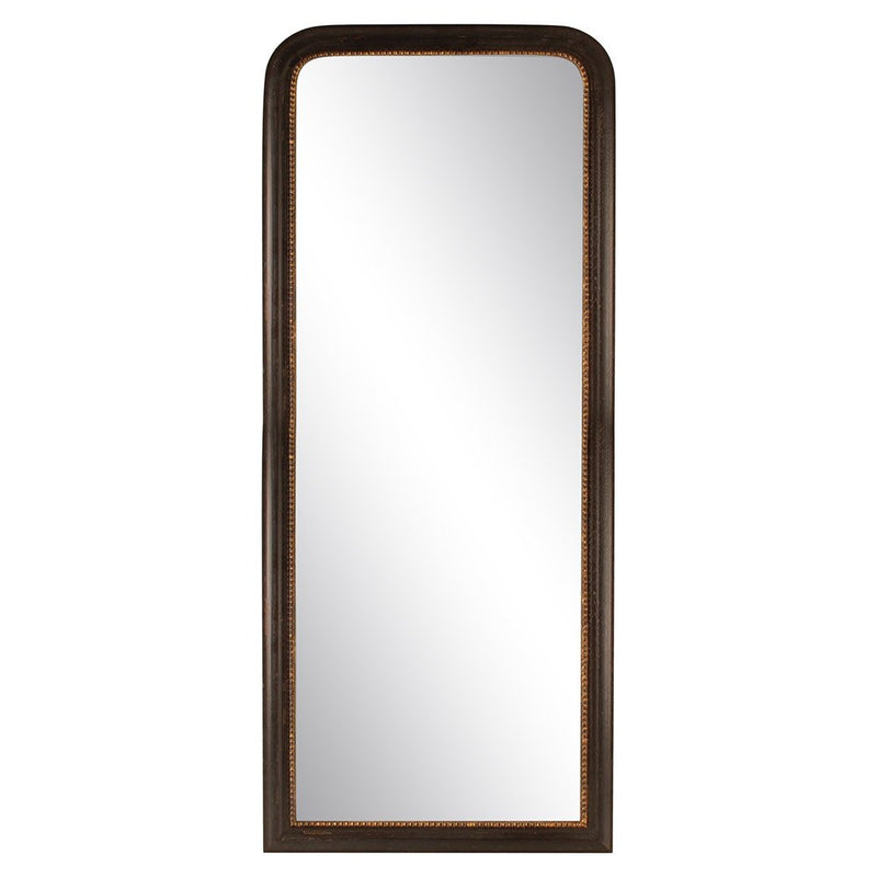 Black painted mirror with gold beaded inset.  To lean or hang on a wall, this full length mirror is perfect in a hall, bedroom in any room.  H: 163 cm  W: 64 cm 