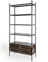 A really great industrial piece, 5 large black metal shelves and 4 base drawers make up this unit, black with gold deco to the drawers. 